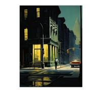 Artery8 New York at Dawn Edward Hopper Style Oil Painting Yellow Green Blue Man Walking in Empty City Street Large Wall Art Poster Print Thick Paper 18X24 Inch