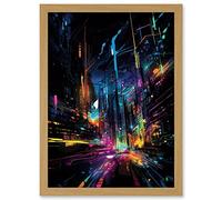 Artery8 New York City at Night Modern Abstract Neon Contrast Painting Artwork Framed A3 Wall Art Print