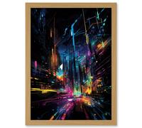 Artery8 New York City at Night Modern Abstract Neon Contrast Painting Artwork Framed Wall Art Print A4