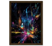New York City at Night Modern Abstract Neon Contrast Painting Artwork Framed Wall Art Print A4 Artery8 Brown One Size