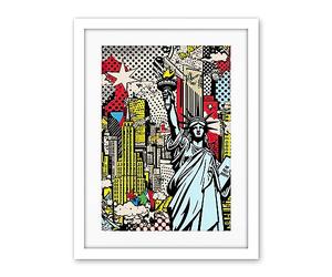 Artery8 New York City Skyline Statue of Liberty Pop Art Comic Book Style American Dream Artwork Framed Wall Art Print 18X24 Inch
