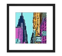 Artery8 New York Cityscape Modern Abstract Vibrant Blue Pink Yellow Navy Painting Square Wooden Framed Wall Art Print Picture 8X8 Inch in Black Artery8 Black