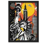 Artery8 New York Collage Halftone Pop Art Comic Book Statue of Liberty Skyscraper Abstract Artwork Framed Wall Art Print A4