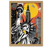 Artery8 New York Collage Halftone Pop Art Comic Book Statue of Liberty Skyscraper Abstract Artwork Framed Wall Art Print A4