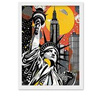 Artery8 New York Collage Halftone Pop Art Comic Book Statue of Liberty Skyscraper Abstract Artwork Framed Wall Art Print A4