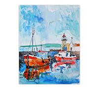 Newhaven Lighthouse Fishing Boats Harbour Wall Art Print Artery8 Blue W24 inch x H32 inch