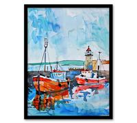 Artery8 Newhaven Lighthouse Fishing Boats Harbour Framed Wall Art in Blue | Size: W12" x H16" Artery8 Blue W12" x H16"