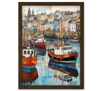 Artery8 Newlyn Harbour Trawler Boats Promenade Watercolour Painting Cornwall Coastal Townscape Artwork Framed Wall Art Print A4