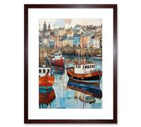 Artery8 Newlyn Harbour Trawler Boats Promenade Watercolour Painting Cornwall Coastal Townscape Artwork Framed Wall Art Print 12X16 Inch