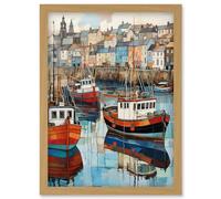 Artery8 Newlyn Harbour Trawler Boats Promenade Watercolour Painting Cornwall Coastal Townscape Artwork Framed Wall Art Print A4