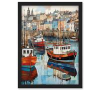 Artery8 Newlyn Harbour Trawler Boats Promenade Watercolour Painting Cornwall Coastal Townscape Artwork Framed Wall Art Print A4
