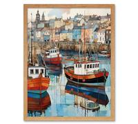 Artery8 Newlyn Harbour Trawler Boats Promenade Watercolour Painting Cornwall Coastal Townscape Artwork Framed Wall Art Print 9X7 Inch