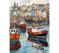 Wall Art Print Newlyn Harbour Trawler Boats Promenade Watercolour Painting Cornwall Coastal Townscape Poster Artery8 Multi W24 inch x H32 inch