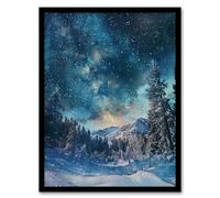 Artery8 Night Snow Tranquil Forest Winter Landscape Stars Living Room Artwork Framed Wall Art Print A4