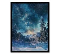 Artery8 Night Snow Tranquil Forest Winter Landscape Stars Wall Art Print - A4 Size
