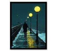 Night Walk in Rain Under Promenade Street Lamps Framed Art Print Artery8 Blue A4
