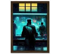 Doppelganger33 LTD Nighthawks Style Futuristic Cyber Noir Bar Artwork Framed Wall Art Print A4