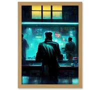 Doppelganger33 LTD Nighthawks Style Futuristic Cyber Noir Bar Artwork Framed Wall Art Print A4