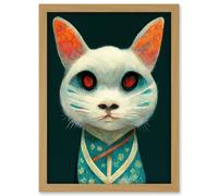 Artery8 Nihonga Kimono Cat Japan Illustration Artwork Framed Wall Art Print A4 in Light Oak Artery8 Light Oak