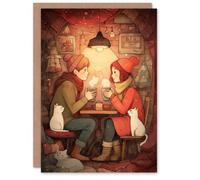 Artery8 Non Binary Couple in Cosy Cat Cafe Illustration Valentine's Day Card