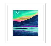 Artery8 Northern Lights Aurora Borealis Midnight Sun Mountain Landscape Square Wooden Framed Wall Art Print Picture 8X8 Inch in White Artery8 White
