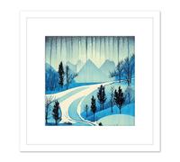 Artery8 Northern Lights Aurora Mountain Pine Forest Winter Blue River Rocks Watercolour Square Wooden Framed Wall Art Print Picture 8X8 Inch in White Artery8 White