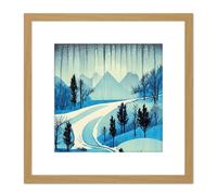 Artery8 Northern Lights Aurora Mountain Pine Forest Winter Blue River Rocks Watercolour Square Wooden Framed Wall Art Print Picture 8X8 Inch Artery8 Light Oak