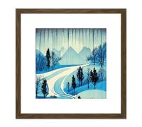 Artery8 Northern Lights Aurora Mountain Pine Forest Winter Blue River Rocks Watercolour Square Wooden Framed Wall Art Print Picture 8X8 Inch in Brown Artery8 Brown