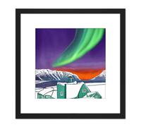 Artery8 Northern Lights Mountain Lake Vibrant Green Over House Sky Winter Landscape Square Wooden Framed Wall Art Print Picture 8X8 Inch in Black Artery8 Black