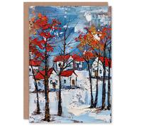 Artery8 Greeting Card Norway Winter Forest Traditional Red Roof Houses Blank For Him Or Her Art Birthday Card