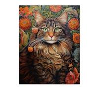 Wall Art Print Norwegian Forest Cat Floral Painting Detailed Animal Portrait With Spring Garden Flower Blooms Poster Artery8 Green W18 inch x H24 inch