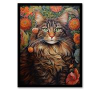 Wall Art Print Norwegian Forest Cat Floral Painting Detailed Animal Portrait With Spring Garden Flower Blooms Art Framed Artery8 Green A4