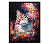 Artery8 Norwegian Forest Cat Lover Gift Pet Portrait Colourful Artwork Painting Art Print Framed Poster Wall Decor 12x16 inch