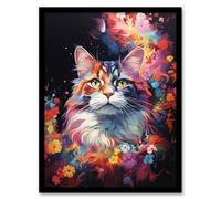 Artery8 Wall Art Print Norwegian Forest Cat Lover Gift Pet Portrait Colourful Artwork Painting Art Framed | Size: A4 Artery8 Multicolor A4