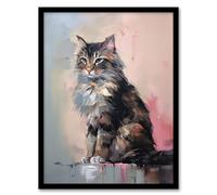 Artery8 Norwegian Forest Cat Perched on Wall Oil Painting Grey Pink Brown Elegant Pet Portrait Artwork Framed Wall Art Print A4