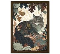 Artery8 Norwegian Forest Cat Resting Under Bush Trees Modern Illustration Artwork Framed A3 Wall Art Print