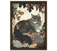 Norwegian Forest Cat Resting Under Bush Trees Modern Illustration Artwork Framed Wall Art Print A4 Artery8 Brown One Size