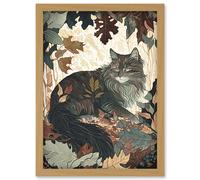 Norwegian Forest Cat Resting Under Bush Trees Modern Illustration Artwork Framed Wall Art Print A4 Artery8 Light Oak One Size