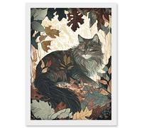 Norwegian Forest Cat Resting Under Bush Trees Modern Illustration Artwork Framed Wall Art Print A4 Artery8 White One Size