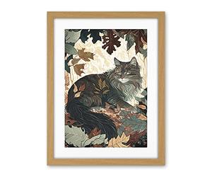 Artery8 Norwegian Forest Cat Resting Under Bush Trees Modern Illustration Artwork Framed Wall Art Print 18X24 Inch