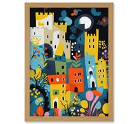 Artery8 Nottingham at Night Abstract Folk Art Cityscape Artwork Framed Wall Art Print A4