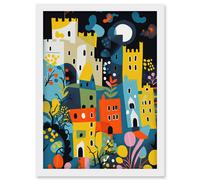 Artery8 Nottingham at Night Abstract Folk Art Cityscape Artwork Framed Wall Art Print A4