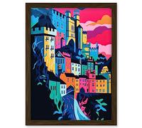 Nottingham City Vibrant Abstract Pop Art Cityscape Artwork Framed Wall Art Print A4 Artery8 Brown One Size