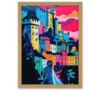 Nottingham City Vibrant Abstract Pop Art Cityscape Artwork Framed Wall Art Print A4 Artery8 Light Oak One Size