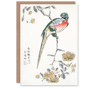 Artery8 Numata Kashu Art Card Macaw Parrot and Peach Flowers