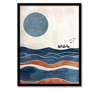 Artery8 Ocean Liner Ship Seagulls Full Moon Over Waves Bathroom Toilet Artwork Framed Wall Art Print 18X24 Inch