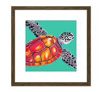 Artery8 Ocean Loggerhead Turtle Red Shell Watercolour Ink Square Wooden Framed Wall Art Print Picture 8X8 Inch in Brown Artery8 Brown