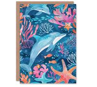 Artery8 Ocean Sea Life Coral Reef Dolphins Fish Starfish Birthday Card in Blue Artery8 Blue