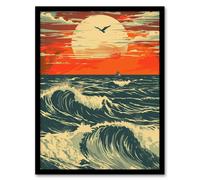 Ocean Waves at Sunset Painting Seascape Bird Framed Art Print Artery8 Orange A4