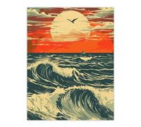 Artery8 Ocean Waves at Sunset Painting Seascape Bird Living Room Bathroom Large Wall Art Poster Print Thick Paper 18X24 Inch